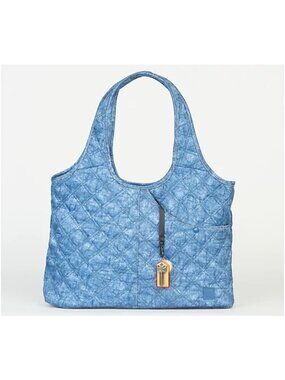 IHKWIP Quilted Everyday Shopper Tote Crossbody Strap Nylon Denim Blue Travel